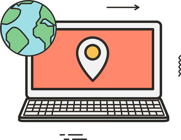 Computer with location icon and world illustration for Local SEO