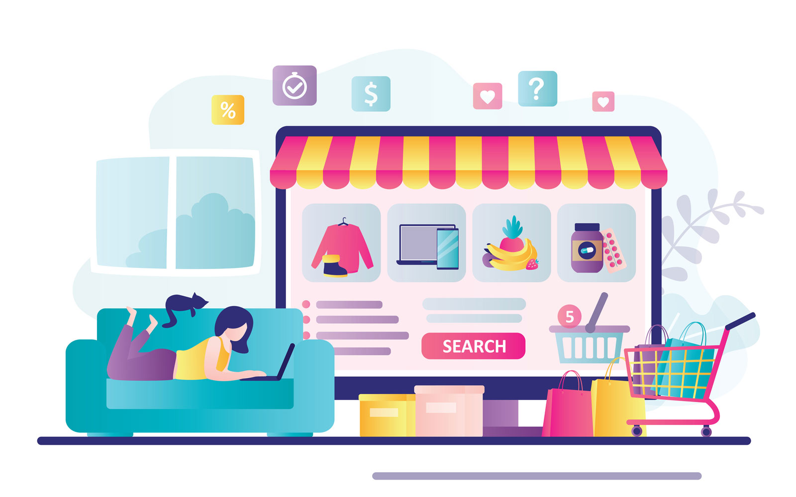 Woman Works on Ecommerce Store Concept Illustration