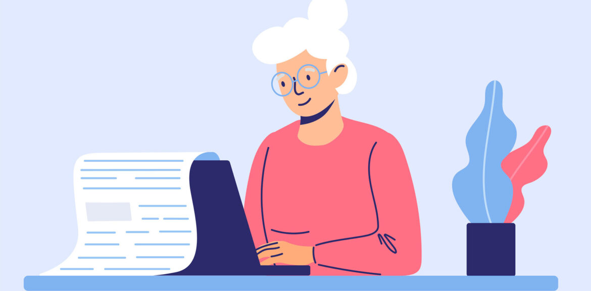 Illustrated woman with white hair writes on computer