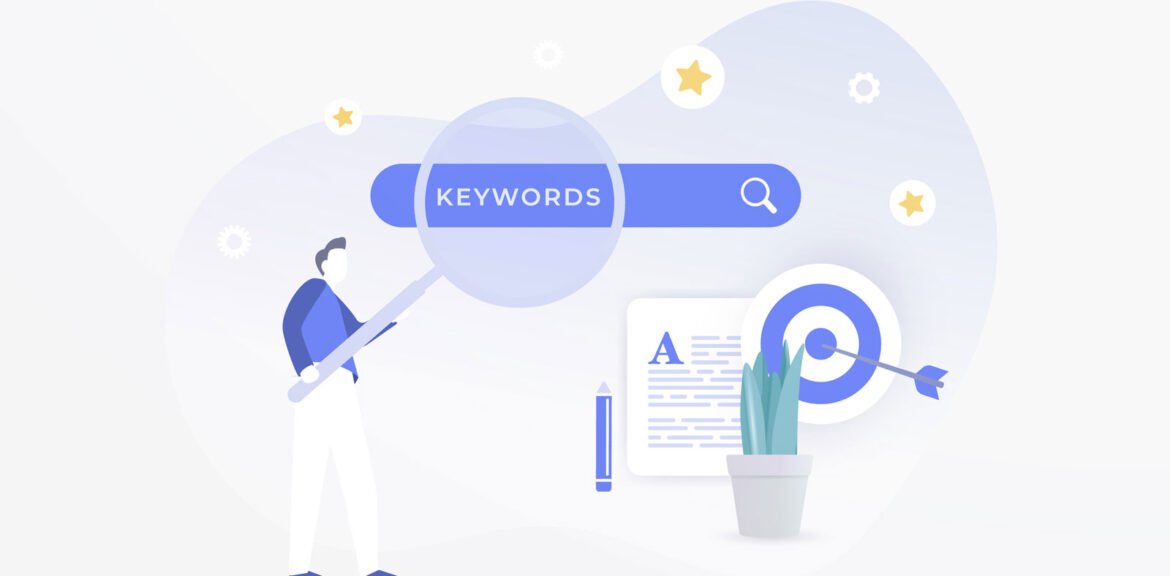 Illustrated man using keywords to search online