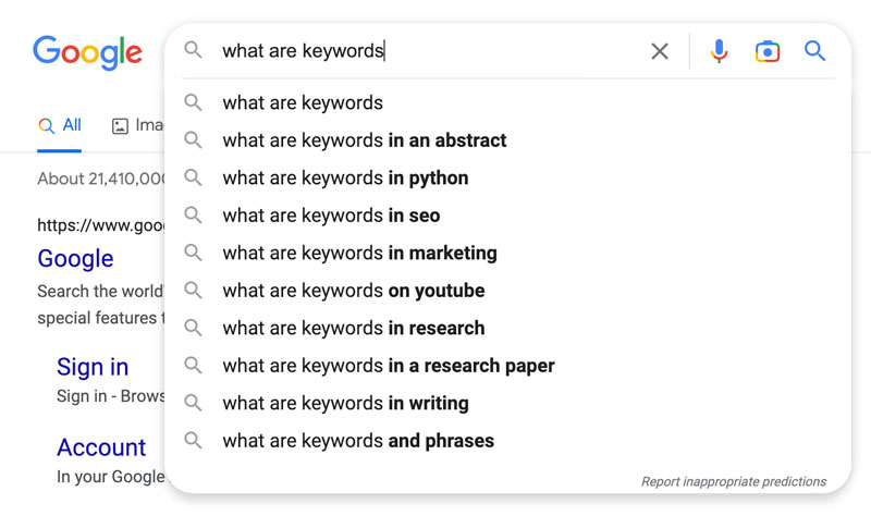 Exmple of Keywords in a Google Search