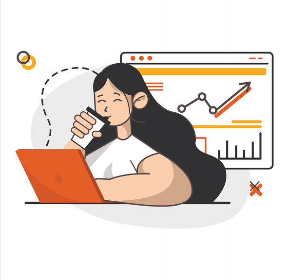 Illustration of Woman Working on SEO and Drinking Coffee