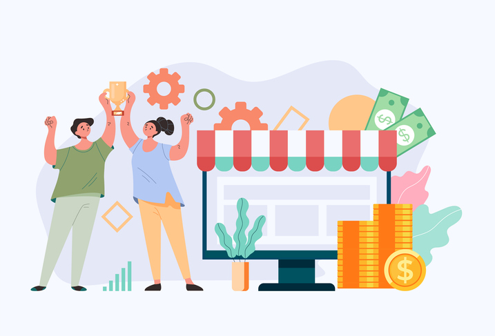 Illustrated concept of entrepreneurs holding up reward next to e-commerce store