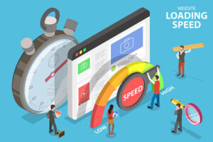 Illustration of marketers assessing page speed for technical SEO
