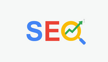 SEO typed in blue, red, and yellow with green graph
