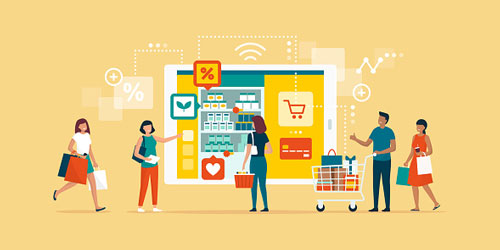 Customers shopping e-commerce, concept illustration
