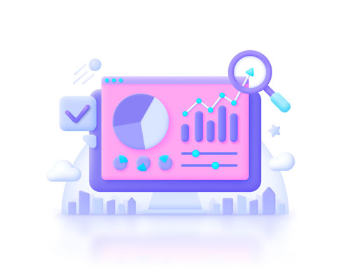Illustration of computer with data and graphs of SEO results