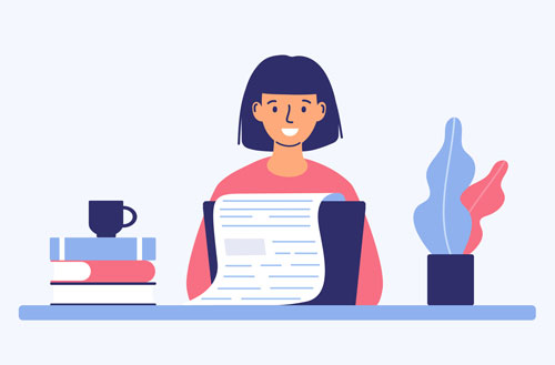 Illustrated blogger with stack of books and coffee