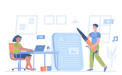 Illustrated bloggers writing content for SEO optimization