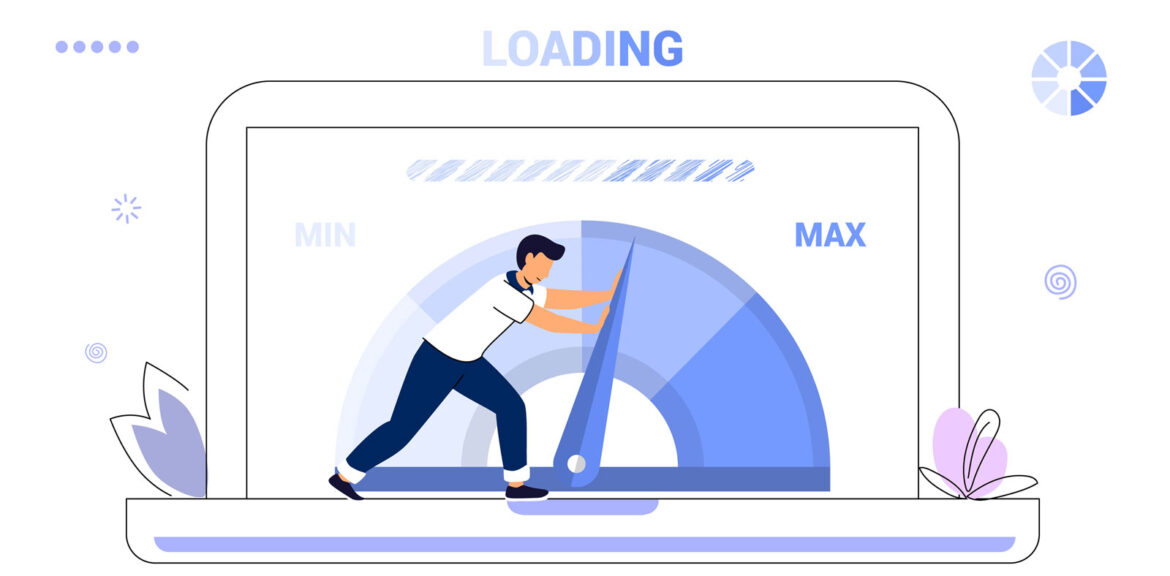 Man pushes site speed up, concept illustration