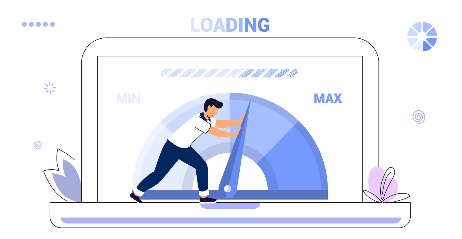 Man pushes site speed up, concept illustration