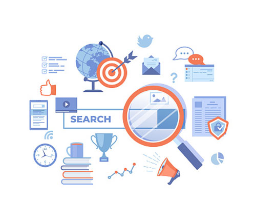 Search bar with SEO icons and magnifying glass, concept illustration