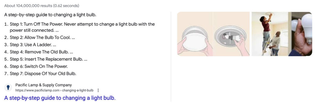 Featured snippet from search about how to change a lightbulb