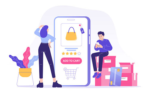 Woman shopper looks at reviews when making a purchase, concept illustration