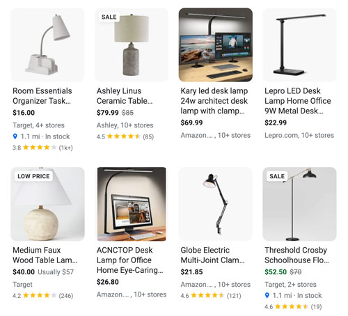 Shopping results from google search for desk lamps