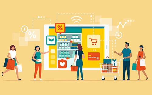 Shoppers illustrated on a yellow background